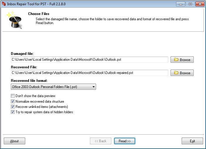 Screenshot of Inbox Repair Tool for PST